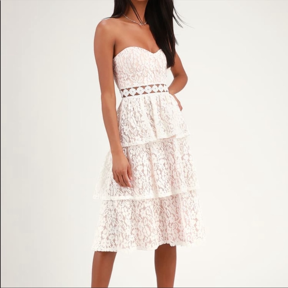 NWT Lulu’s Adorn White Lace Strapless Midi Dress